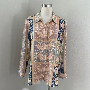 Rose+Olive Womens XL Button Up Blouse Peacock‎ Print Long Sleeve Shirt